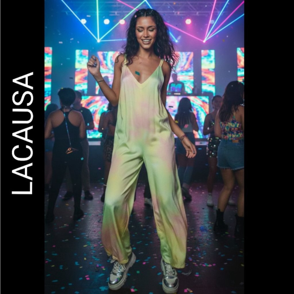 Lacausa Alma Slip Jumper Jumpsuit Yellow Pink Tie Dye Relaxed Oversized Size XS